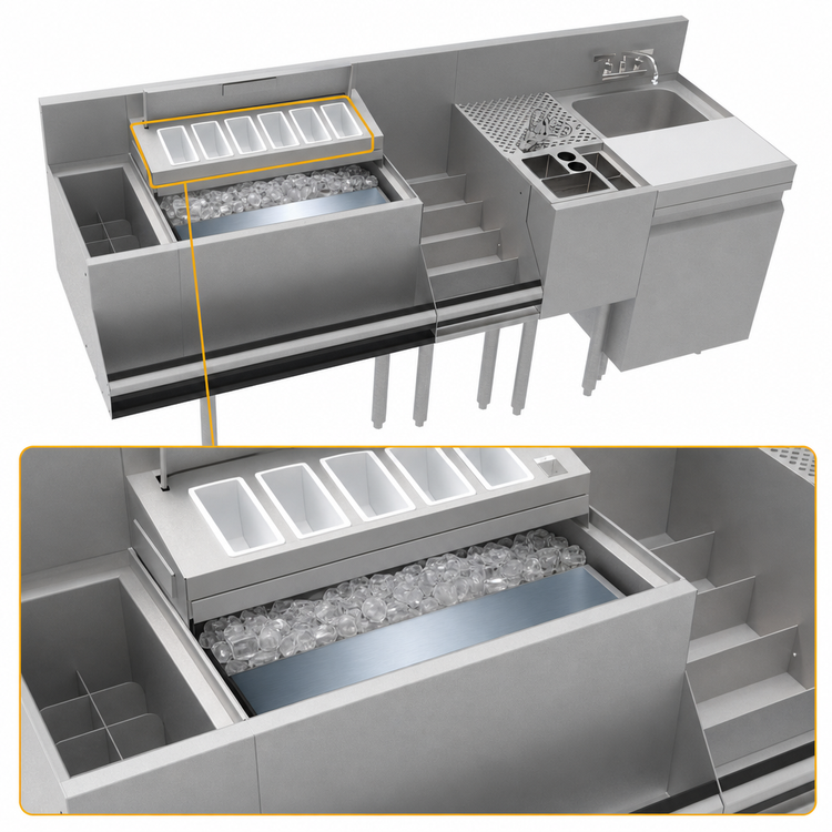 Product image #4 for Krowne Royal Series 74-Inch Stainless Steel Underbar Workstation with Ice Bin, Dump Sink, and Cabinet Base