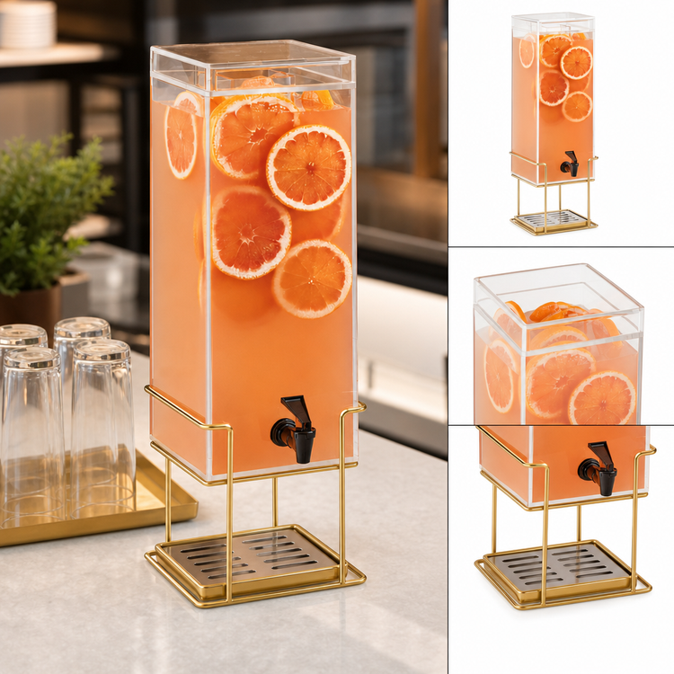 Product image #4 for Mid-Century 3 Gallon Square Beverage Dispenser with Ice Chamber, Drip Tray, and Brass Wire Base