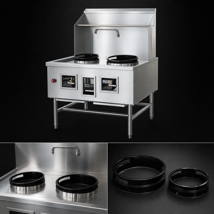 Product image #4 for Omcan USA Natural Gas Two-Chamber Wok Range with 13-Inch and 16-Inch Rings, Backsplash, Faucet, and Water-Cooled Top