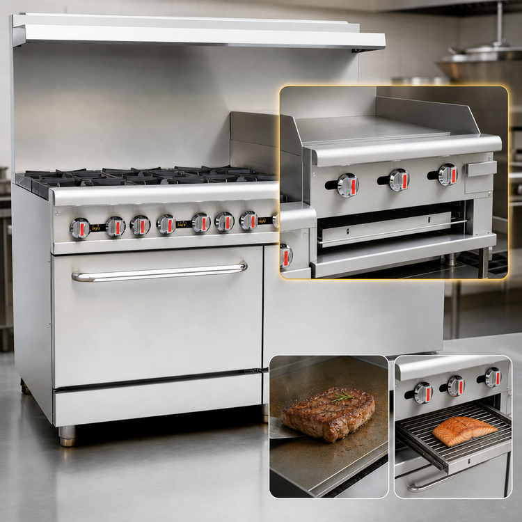 Product image #4 for Serv-Ware 60 Inch Natural Gas Range with 6 Open Burners, 24 Inch Raised Griddle/Broiler, and 2 Ovens