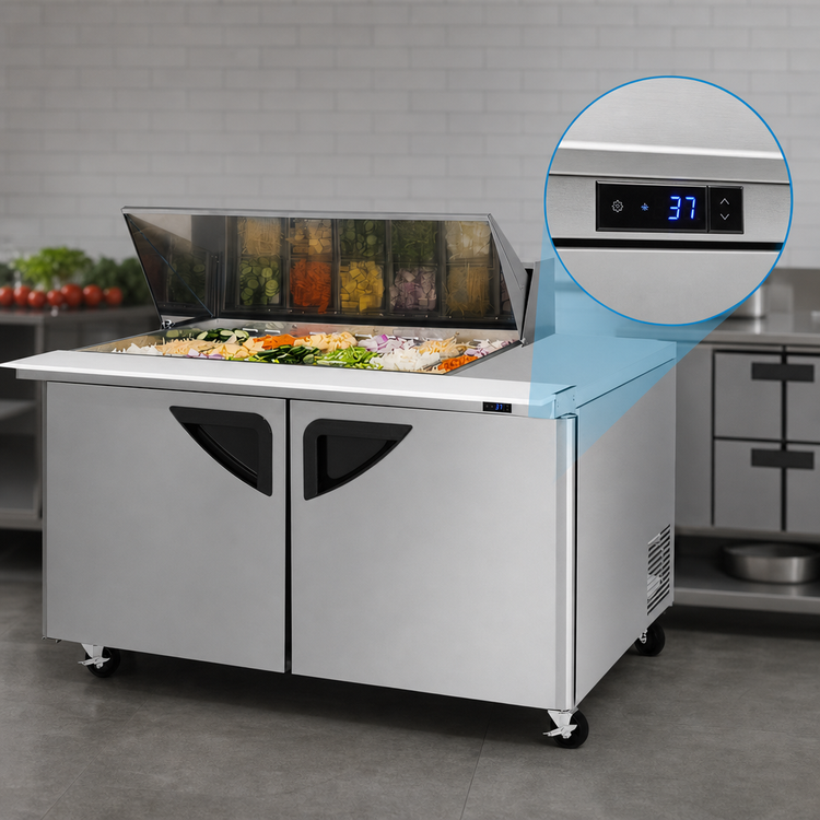 Product image #5 for Turbo Air Super Deluxe 60-3/8-Inch 2-Section Mega Top Sandwich/Salad Prep Table, 18-Pan, 19 Cu. Ft., Self-Contained