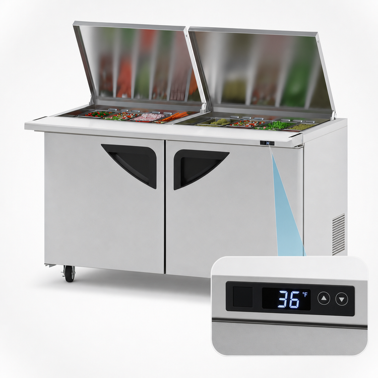 Product image #4 for Turbo Air Super Deluxe 60-Inch Two-Section Sandwich/Salad Mega Top Prep Table with Flat Lids and 24-Pan Opening