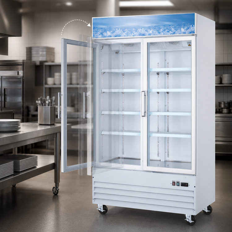 Product image #4 for Omcan Two-Section Reach-In Display Glass Door Freezer, 29 Cu. Ft., Self-Contained Bottom Mount