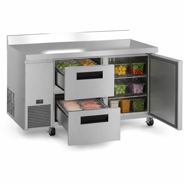 Product image #4 for Hoshizaki Steelheart 60-Inch Two-Section Worktop Refrigerator with One Door and Two Drawers, Side-Mounted Refrigeration