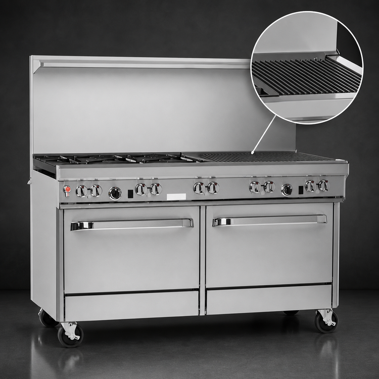 Product image #4 for Southbend Ultimate 60-Inch Gas Restaurant Range with 4 Star/Sauté Burners, 36-Inch Charbroiler, Standard Oven, and Cabinet Base
