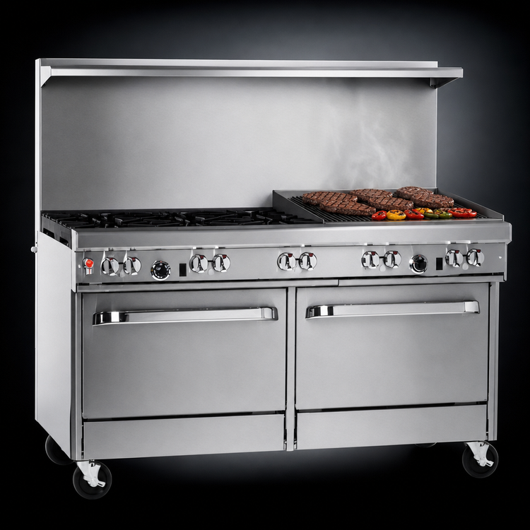 Product image #4 for Southbend Ultimate 60-Inch Gas Restaurant Range with 4 Open Burners, 36-Inch Charbroiler, 2 Cabinets, and Hi-Shelf