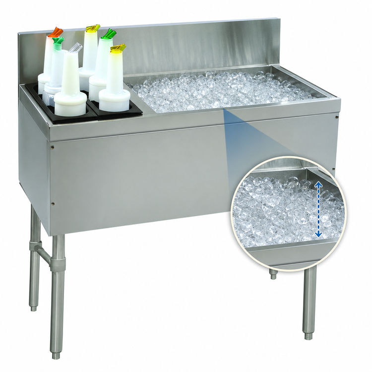 Product image #4 for Advance Tabco Prestige 48-Inch Stainless Steel Bar Ice Bin with Left Bottle Storage Rack and 7-Inch Backsplash