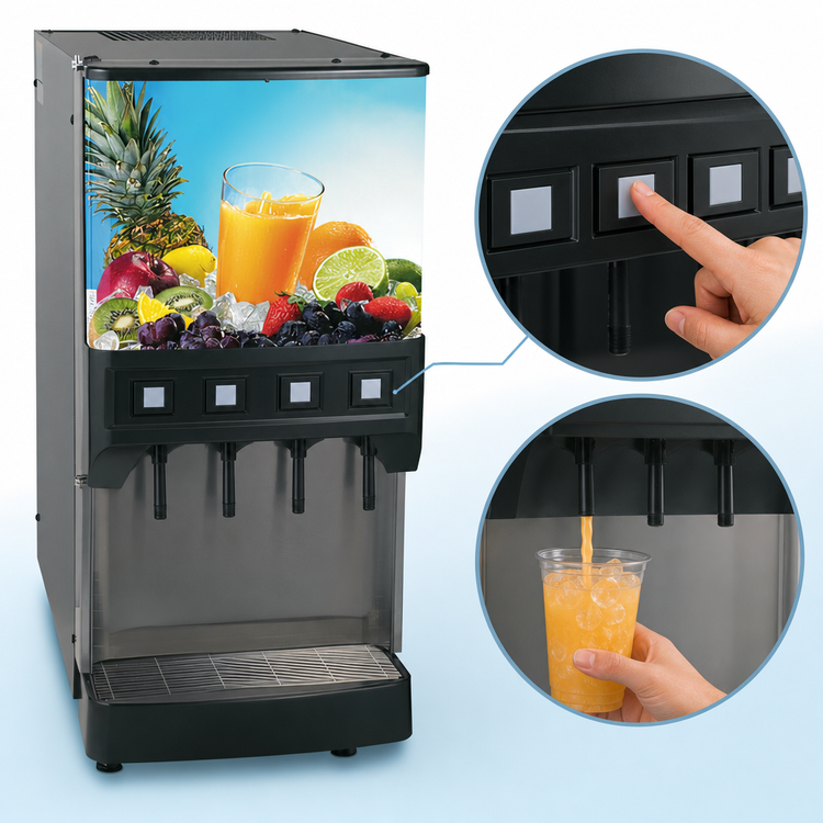 Product image #4 for BUNN Silver Series JDF-4S 4-Valve 4-Flavor Cold Beverage Dispenser System with Push-and-Hold Control