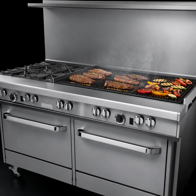 Product image #4 for Southbend Ultimate 60-Inch Gas Restaurant Range with 4 Star/Sauté Burners, 36-Inch Charbroiler, Convection Oven and Cabinet Base