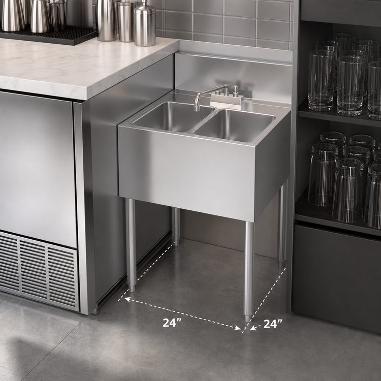 Product image #4 for Krowne Royal Series 24 x 24 Inch Stainless Steel Two-Compartment Underbar Sink Unit with Deck Mount Faucet