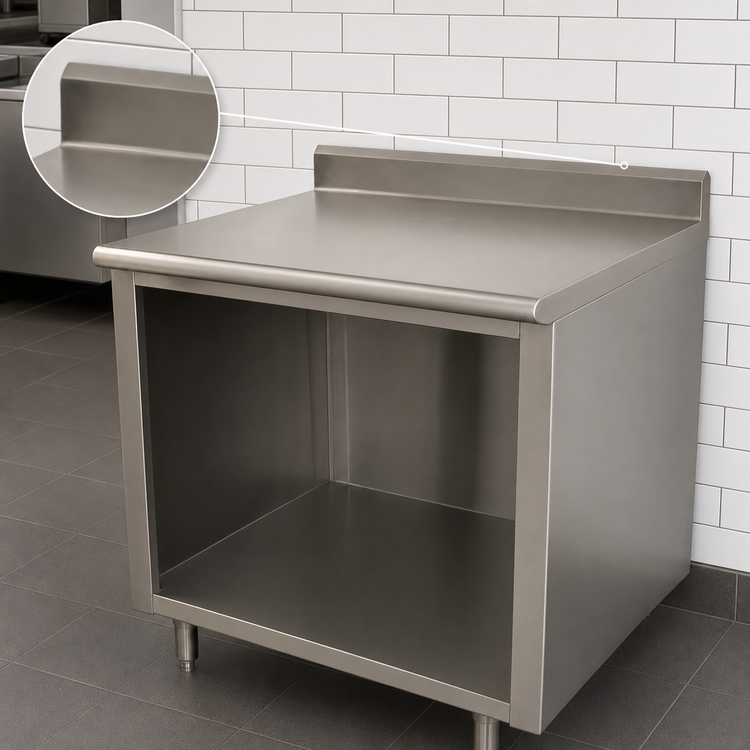 Product image #4 for Advance Tabco 48 Inch x 24 Inch 14 Gauge 304 Stainless Steel Work Table with 5 Inch Backsplash and Open Front Cabinet Base