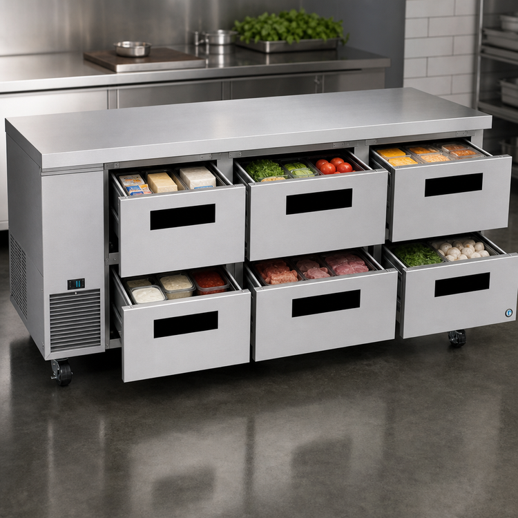 Product image #4 for Hoshizaki Steelheart 93-Inch Three-Section Undercounter Refrigerator with Six Drawers