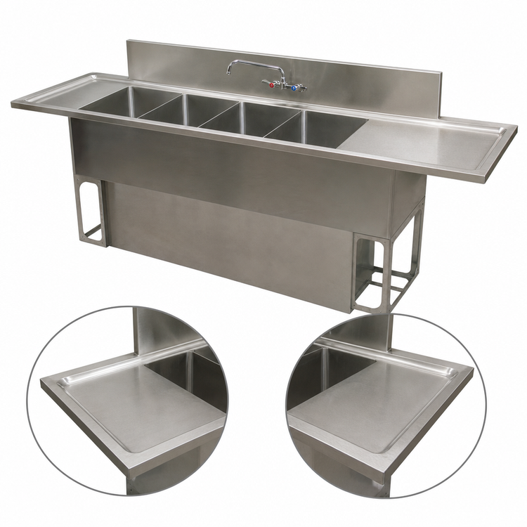 Product image #5 for BK Resources Slim-Line Four-Compartment Stainless Steel Underbar Sink with Left and Right Drainboards, 72 Inch