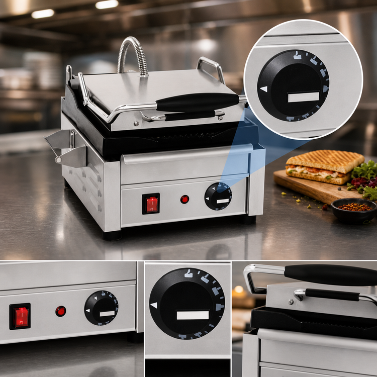 Product image #4 for Eurodib Small Single Commercial Panini Press with Ribbed Cast Iron Plates, 10 x 10 Inches, 120V