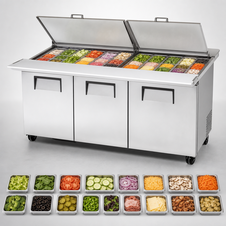 Product image #4 for True 72-Inch Dual-Side Mega Top Sandwich/Salad Prep Table with 3 Doors and 30-Pan Capacity