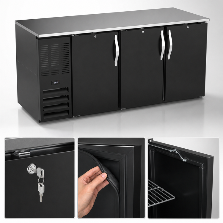 Product image #4 for Beverage Air 72-Inch Three-Section Food-Rated Back Bar Refrigerator with Solid Doors, Black Exterior and Stainless Top