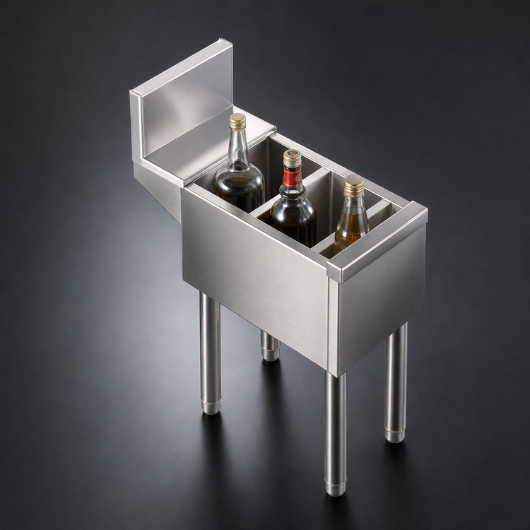 Product image #4 for Top Shelf TSD Series Insulated Underbar Bottle Storage Bin, 3 Wells, Stainless Steel, 6 Inch W x 24 Inch D