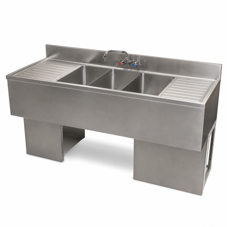 Product image #5 for BK Resources Slim-Line Three-Compartment Underbar Sink with Dual Drainboards, 84 Inch