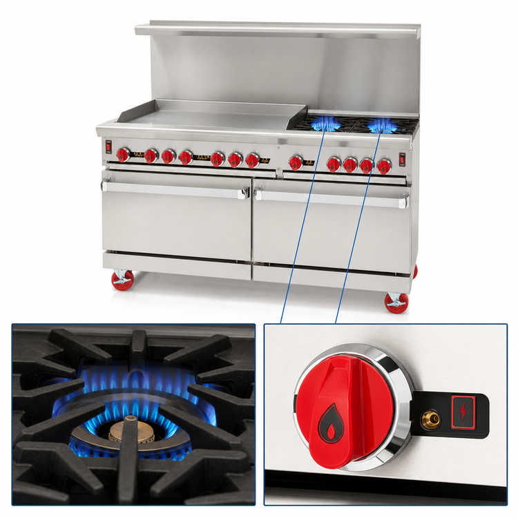 Product image #4 for American Range ARGF-36G-2B 48-Inch Green Flame Commercial Gas Range with Left 36-Inch Griddle, 2 Open Burners, and 2 Space Saver Ovens