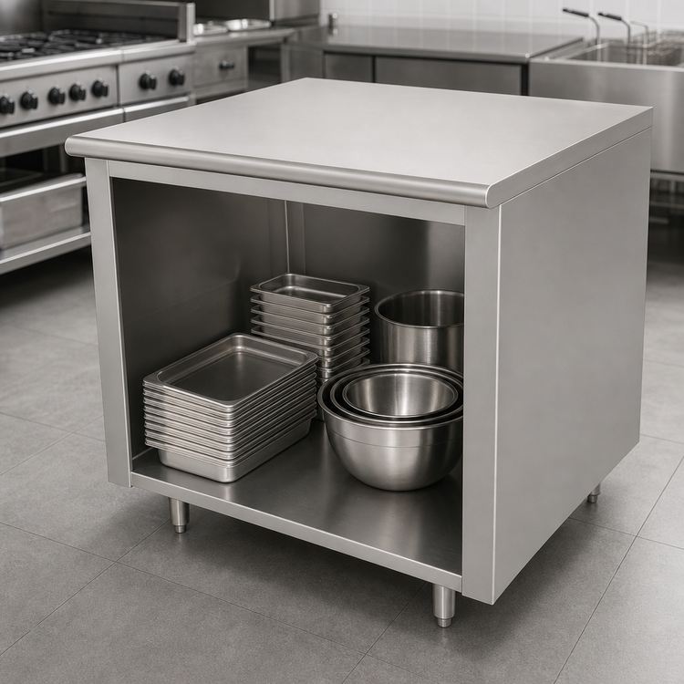 Product image #4 for Advance Tabco 84 Inch x 36 Inch Flat Top 14 Gauge 304 Stainless Steel Work Table with Open Front Cabinet Base