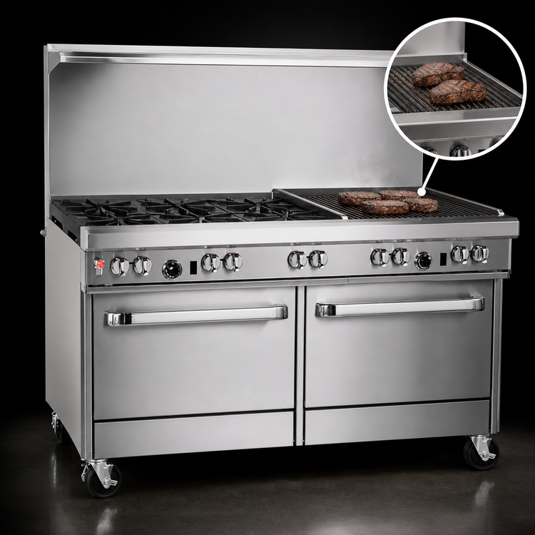 Product image #4 for Southbend Ultimate 60-Inch Gas Restaurant Range with 4 Pyromax Burners, 24-Inch Charbroiler, Convection Oven and Cabinet Base