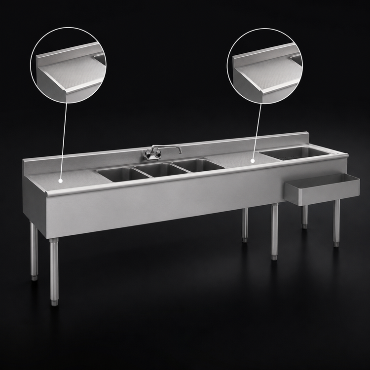 Product image #4 for Eagle Group 1800 Series 84-Inch Underbar Combination Unit with 3 Sink Bowls, 2 Drainboards, 24-Inch Ice Bin, and Right Speedrail