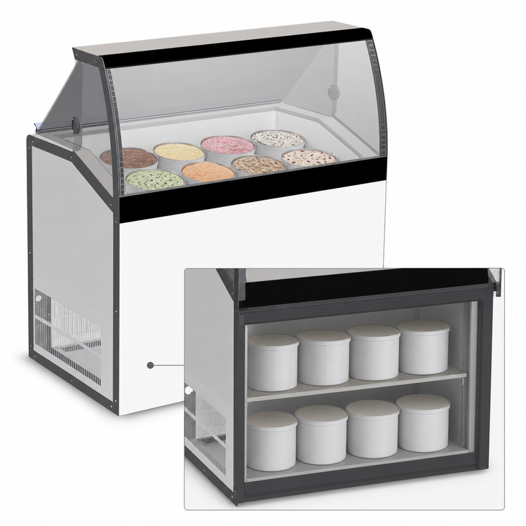 Product image #4 for Master-Bilt DD-46LCG Low Curved Glass Ice Cream Dipping/Display Merchandiser Freezer, 8 Display / 4 Storage Tubs