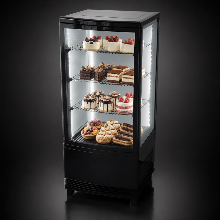 Product image #4 for Omcan 17-Inch Countertop Four-Sided Glass Refrigerated Showcase, Single Door, 2.9 Cu. Ft.