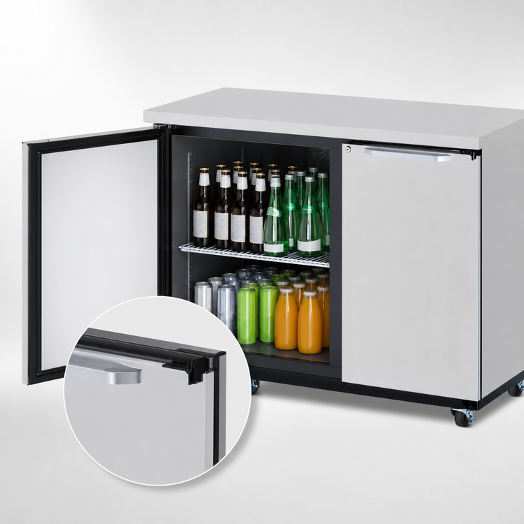 Product image #4 for Turbo Air Super Deluxe Narrow Two-Section Solid Door Back Bar Cooler, 12.2 Cu. Ft., Self-Contained Side-Mount, Stainless Steel