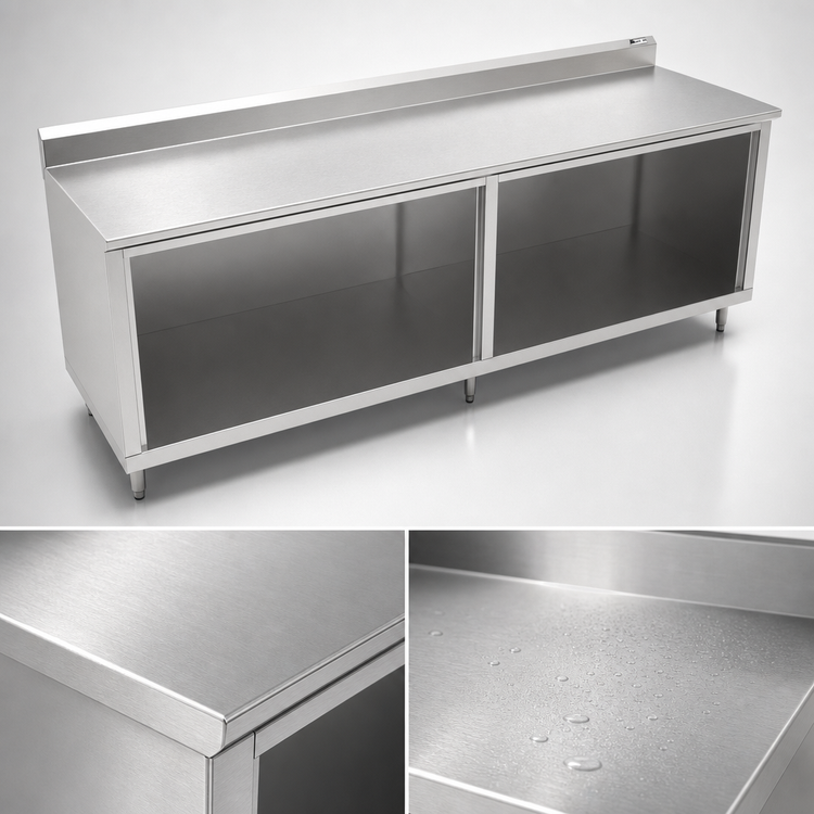 Product image #4 for John Boos 132 Inch x 24 Inch 14 Gauge Stainless Steel Underbar Work Table with Open Front Cabinet Base and 5 Inch Backsplash