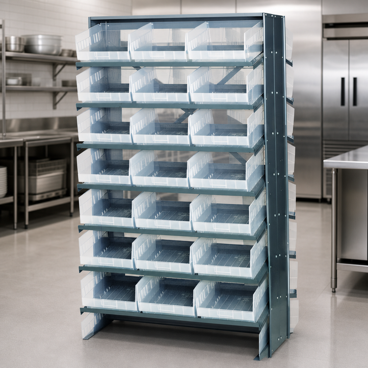 Product image #4 for Quantum Sloped Double-Sided Pick Rack with 16 Shelves and 48 Clear Bins