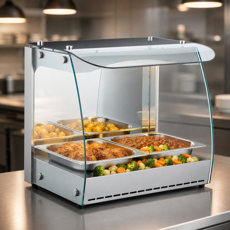 Product image #4 for Omcan Countertop Full-Service Hot Food Heated Display Case, Curved Glass, 22 Inch, 2.33 Cu. Ft.