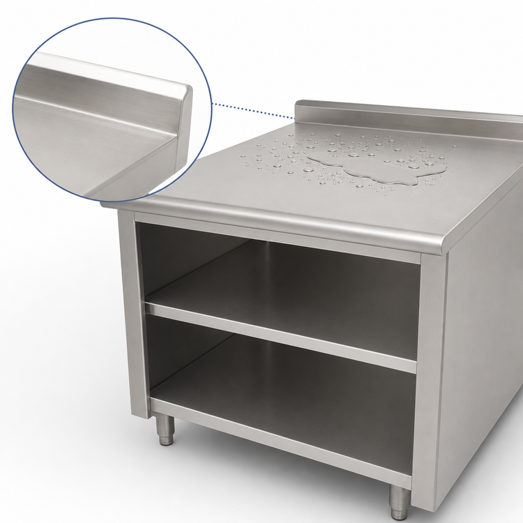Product image #4 for Advance Tabco 48" x 30" Open Front Cabinet Base Stainless Steel Work Table with Mid-Shelf, 14 Gauge 304 Top, and 1-1/2" Rear Up-Turn