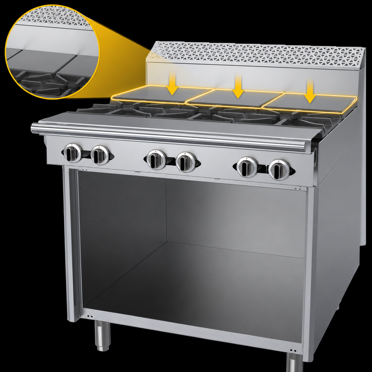 Product image #4 for Garland Cuisine Series 36" Heavy-Duty Gas French Top Range with 3 Open Burners, 3 Hot Tops, and Storage Base