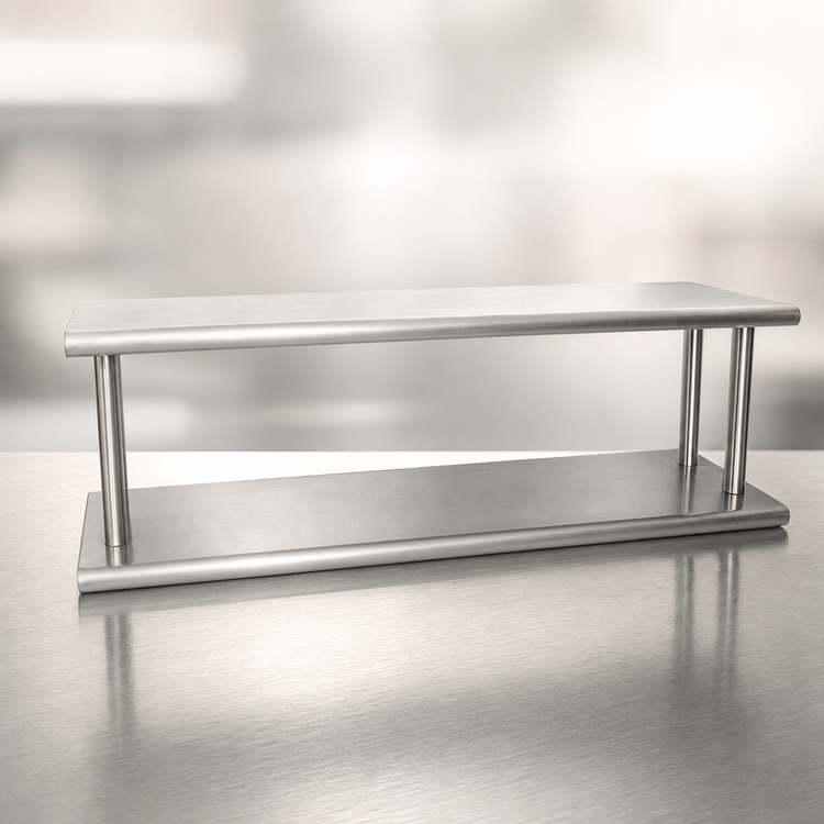 Product image #4 for BK Resources Double-Tier Pass-Through Shelf, 96W x 18D, 5-Inch Max Wall Thickness, 304 Stainless Steel
