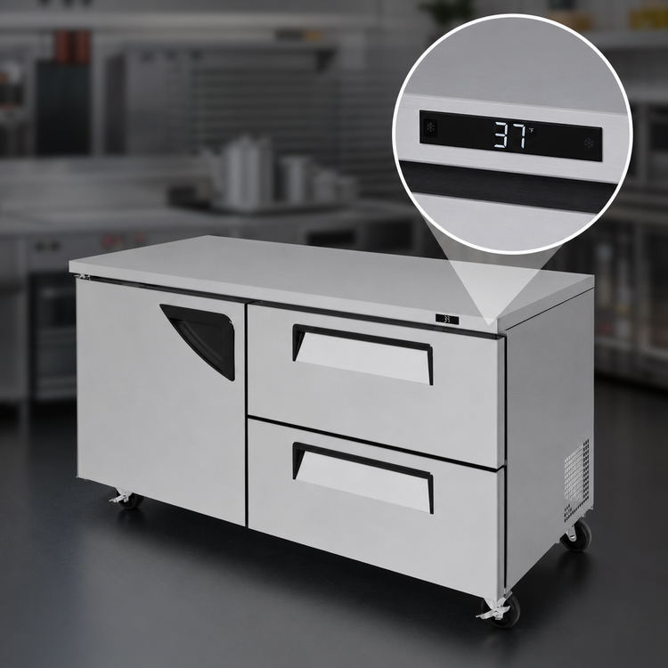 Product image #4 for Turbo Air Super Deluxe 60-Inch Two-Section Undercounter Refrigerator with 1 Solid Door and 2 Drawers