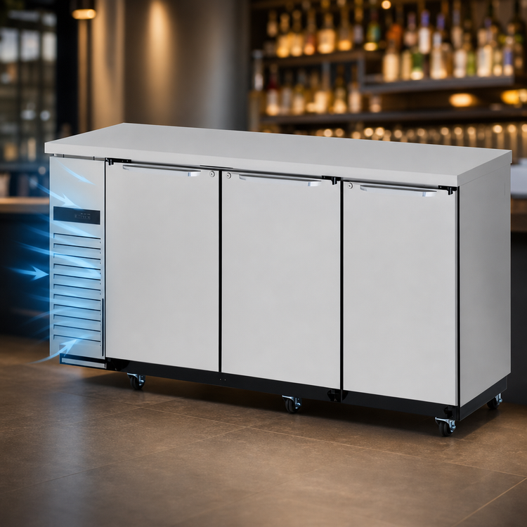 Product image #4 for Turbo Air TBB-24-72SSD-N6 Super Deluxe Narrow 3-Section Back Bar Cooler, 3 Solid Doors, Self-Contained Side-Mount