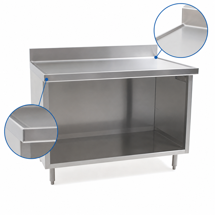 Product image #4 for Spec-Master Marine Series Stainless Steel Work Table with Open Front Cabinet Base, 96 x 24 Inch, 14-Gauge 304 Top, 1-1/2 Inch Rear Up-Turn