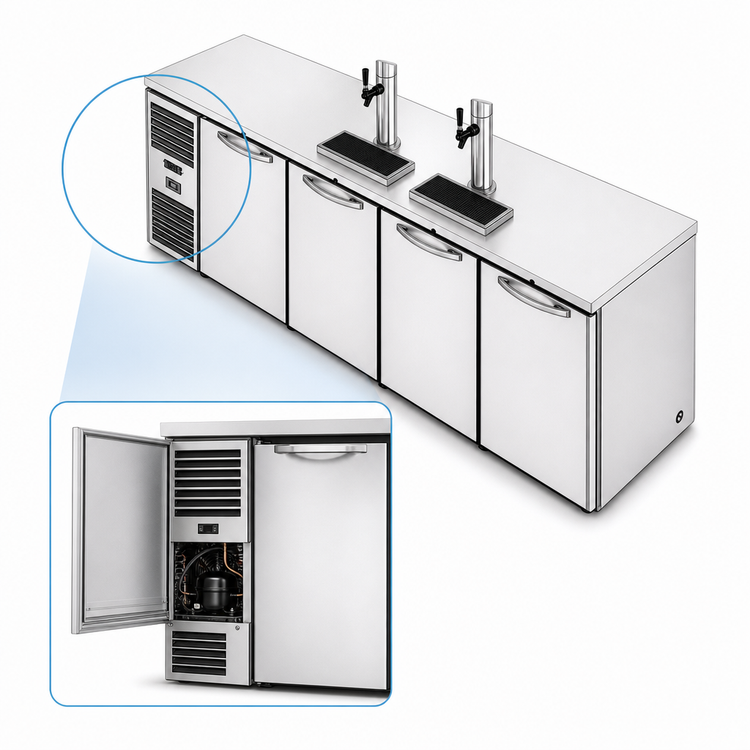 Product image #4 for True Premier Bar TDR92-RI Four-Section Refrigerated Draft Bar Cooler, 92-Inch, Flat Top, Left-Side Self-Contained Refrigeration
