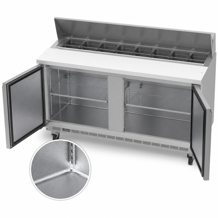 Product image #5 for Beverage-Air 60-Inch Two-Section Sandwich Prep Table Refrigerator, 16-Pan Capacity, Self-Contained R290