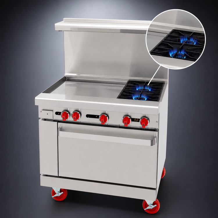 Product image #4 for American Range 36-Inch Gas Restaurant Range with 24-Inch Left Griddle, 2 Open Burners, Storage Base, and Back Riser