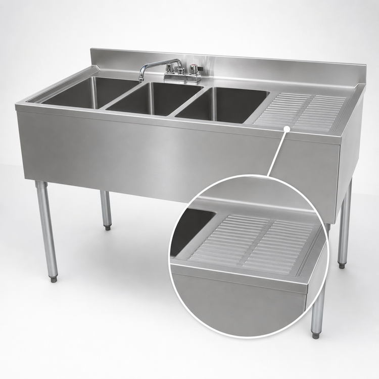 Product image #4 for BK Resources 48-Inch Slim-Line 3-Compartment Stainless Steel Underbar Sink with Right Drainboard