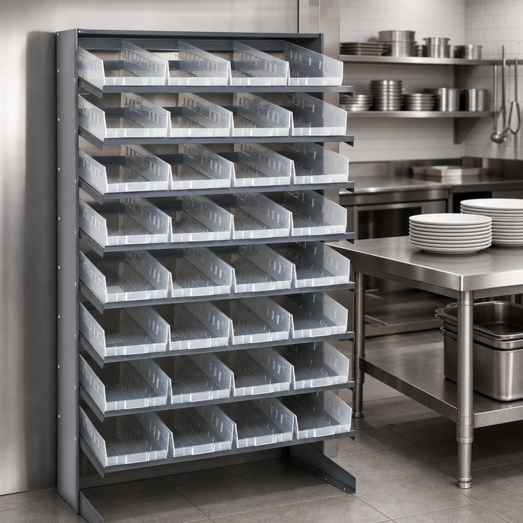 Product image #4 for Quantum Steel Sloped Single-Sided Pick Rack with 8 Shelves and 32 Clear Bins