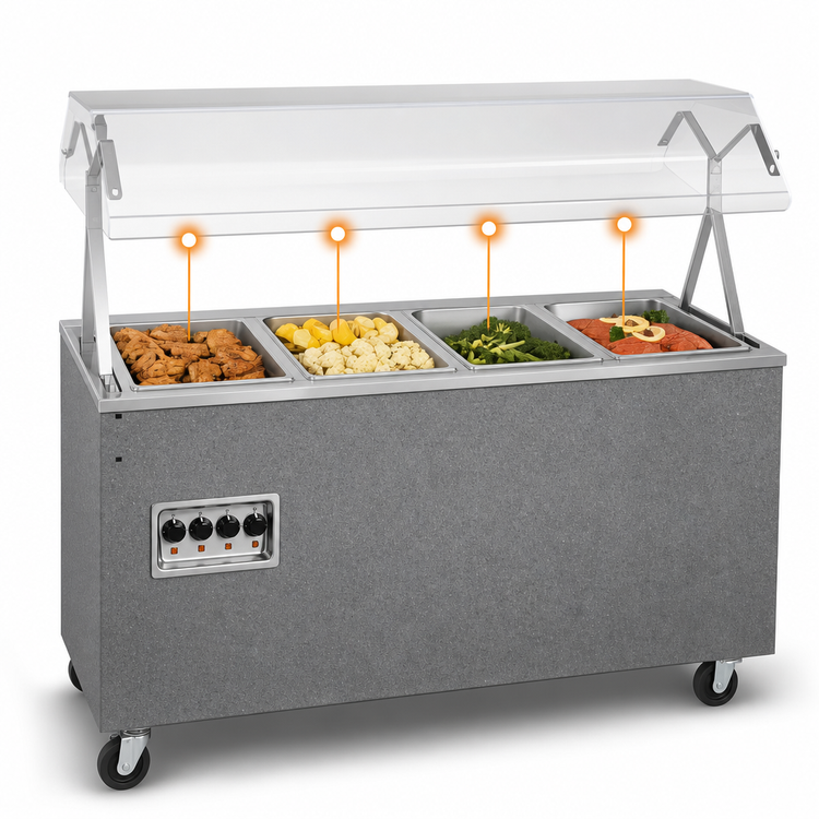 Product image #4 for Vollrath 2-Series Affordable Portable 4-Well Mobile Hot Food Station with Lighted Buffet Breath Guard and Open Storage Base, 120/208-240V