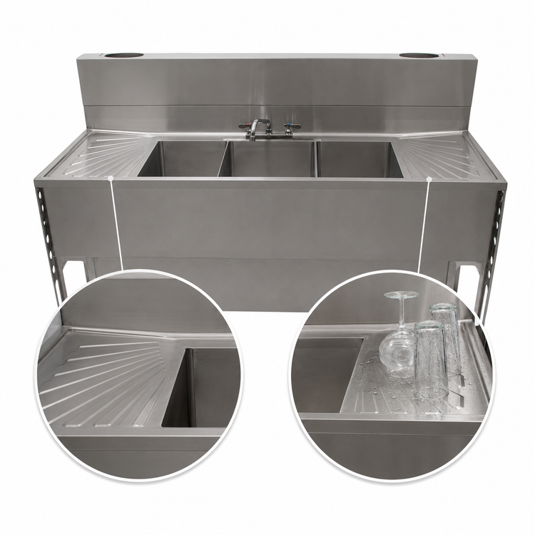 Product image #5 for BK Resources Three-Compartment Underbar Slimline Sink with Dual Drainboards, 84 Inch Wide