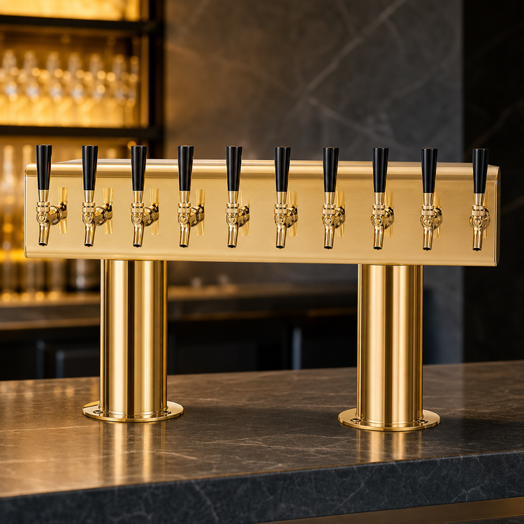 Product image #4 for Countertop Double Pedestal 10-Faucet Glycol-Cooled Draft Beer Tower, PVD Brass Finish