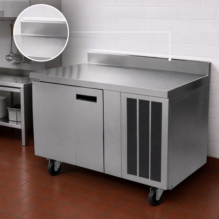 Product image #4 for Delfield 99-Inch Three-Section Worktop Refrigerator with 4-Inch Backsplash, 3 Doors, and Side-Mounted R290 Refrigeration