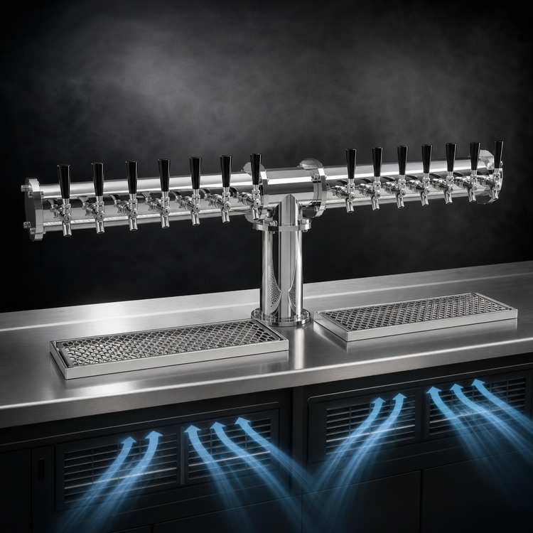 Product image #4 for Glastender Pipe Tee Draft Dispensing Tower, 14-Faucet, Countertop, Air-Cooled, Mirror Finish