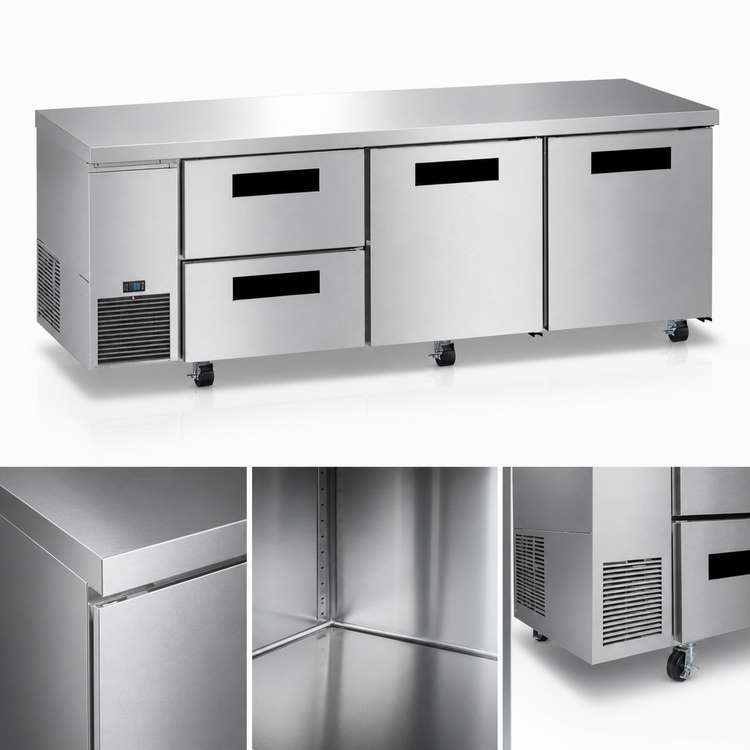 Product image #4 for Hoshizaki Steelheart Three-Section Undercounter Reach-In Refrigerator with 2 Solid Doors and 2 Drawers, 93 Inch