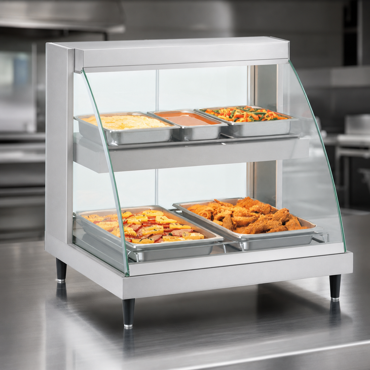 Product image #4 for Hatco Glo-Ray Designer Dual-Shelf Countertop Hot Food Display Case, 2-Pan, Curved Tempered Glass